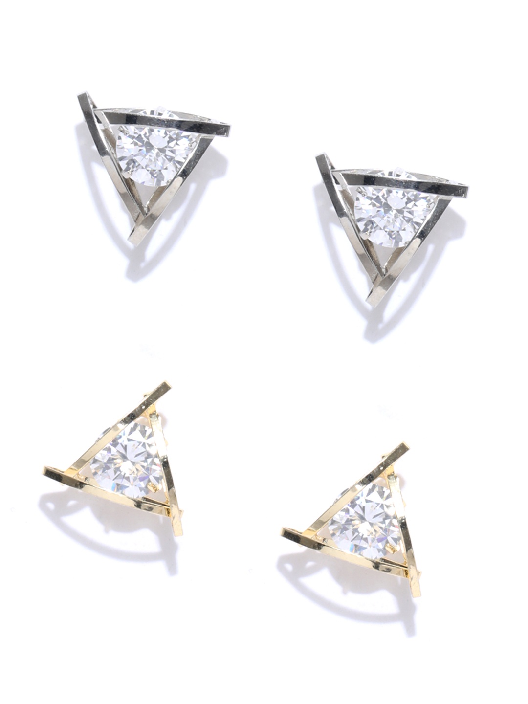 

Crunchy Fashion Set of 2 Stone-Studded Triangular Studs, Silver
