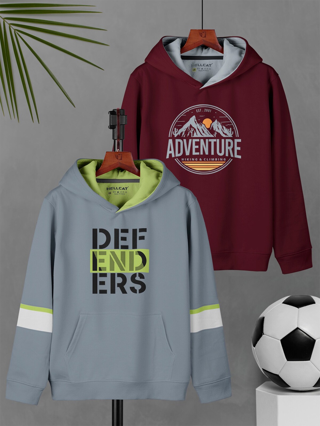 

HELLCAT Boys Pack Of 2 Typography Printed Hooded Pullover, Grey