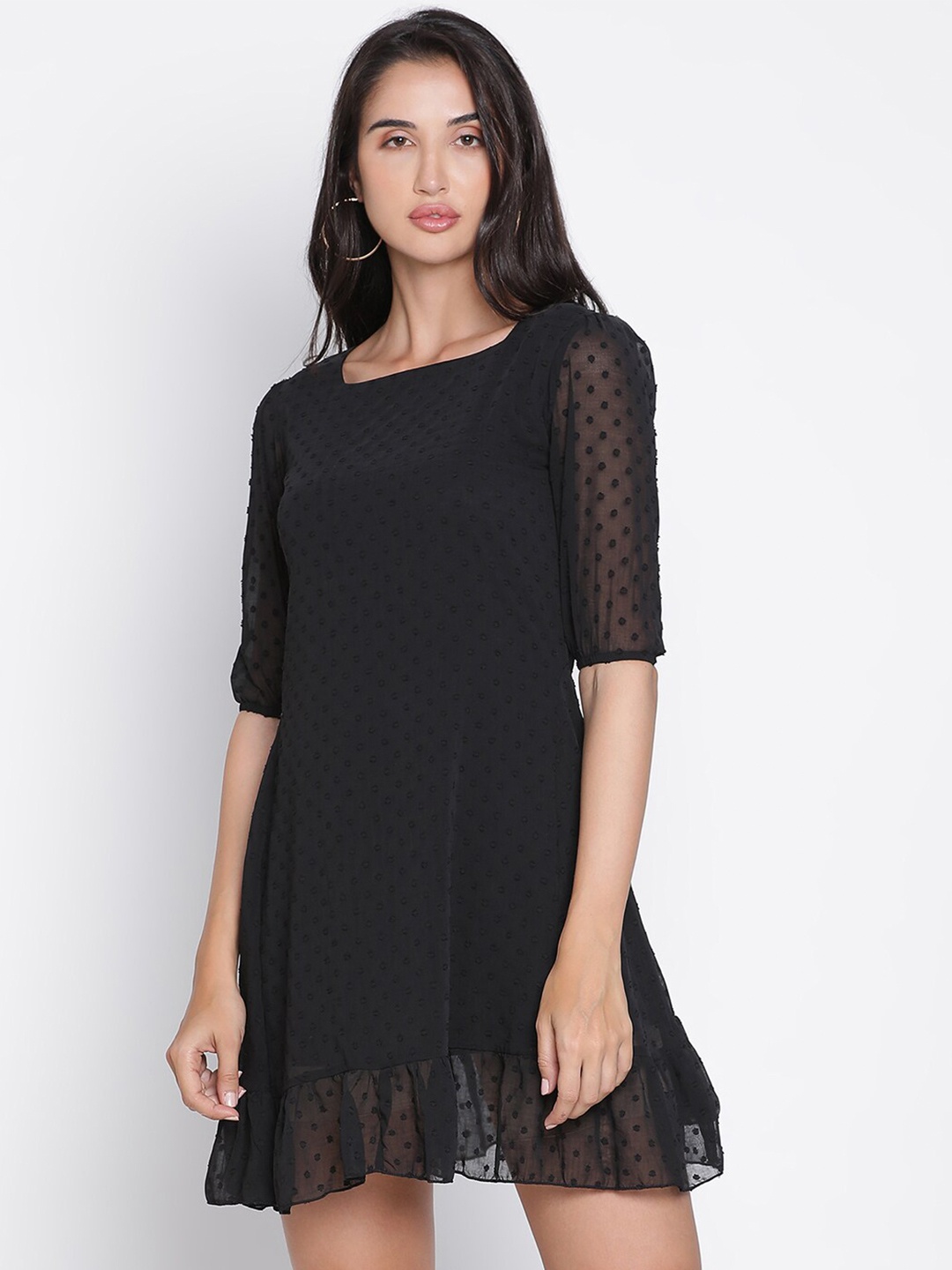 

DRAAX Fashions Self Design Square Neck Mini A-Line Dress, Black