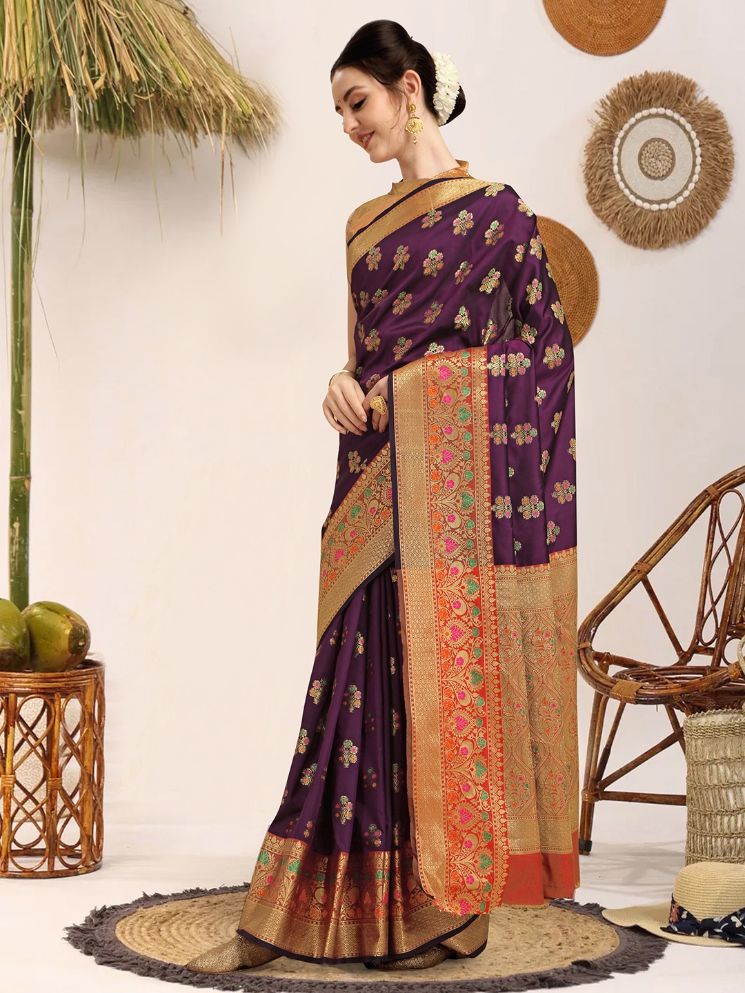 

KALINI Ethnic Motifs Woven Design Zari Detail Banarasi Saree, Purple