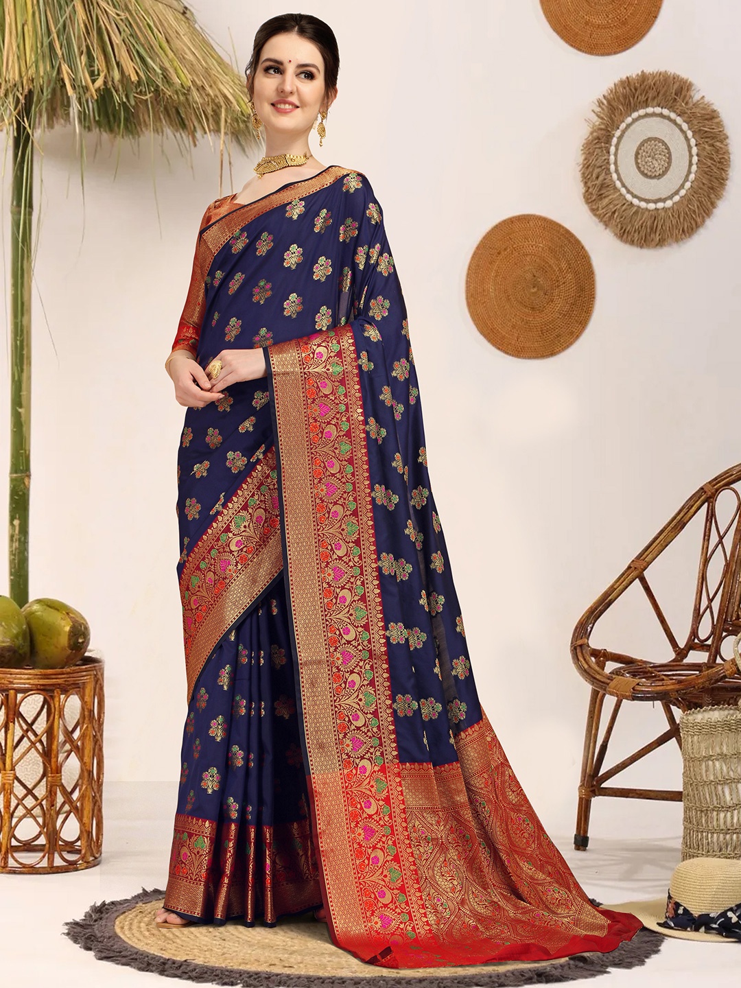 

KALINI Ethnic Motifs Woven Design Zari Detail Banarasi Saree, Navy blue