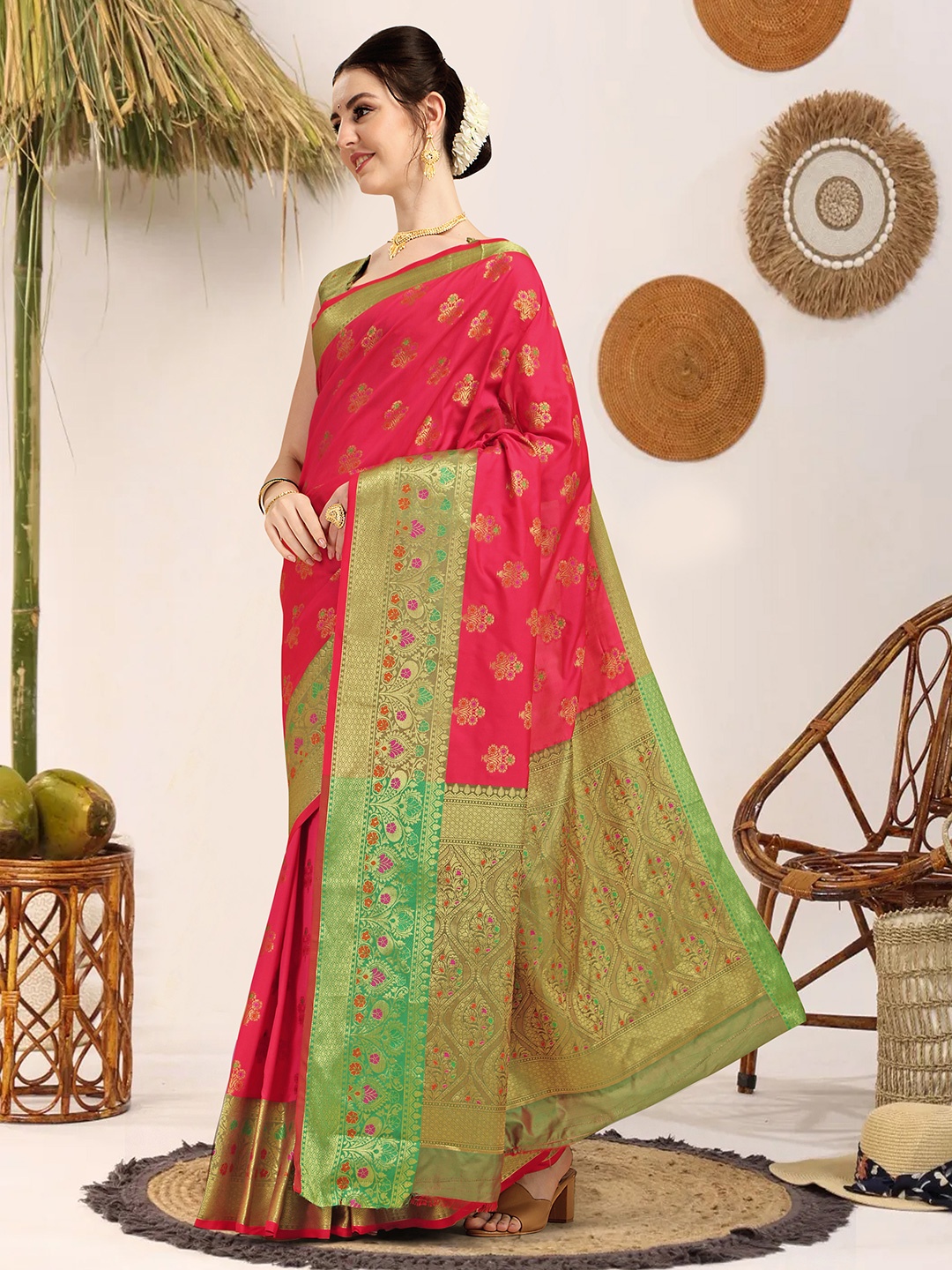 

KALINI Ethnic Motifs Woven Design Zari Detail Banarasi Saree, Pink