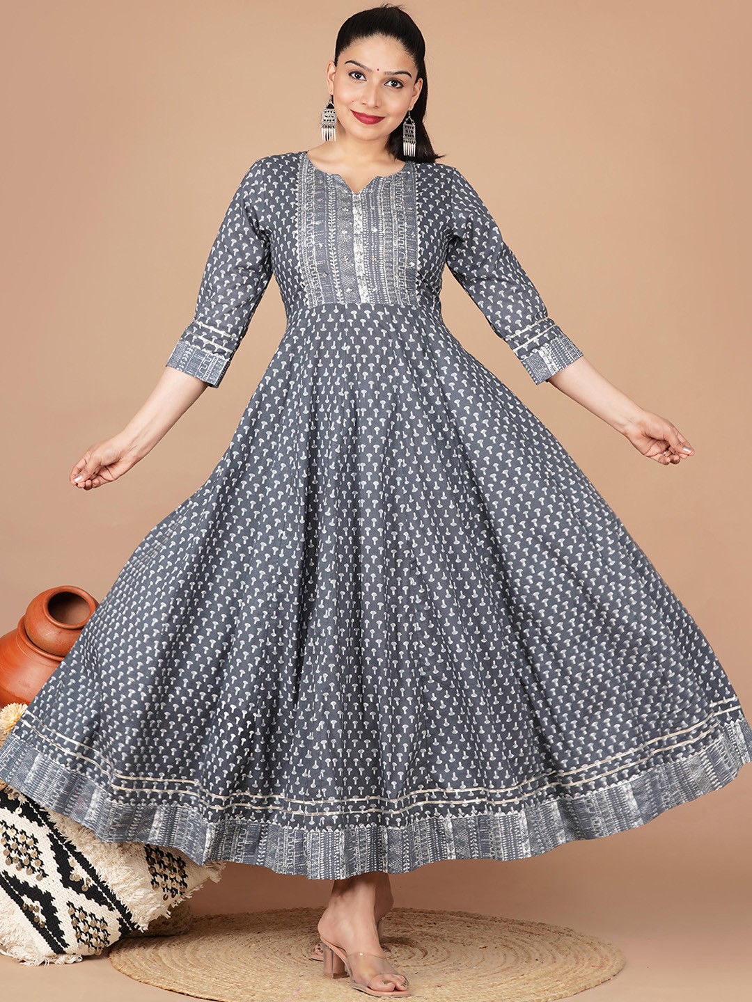 

KALINI Ethnic Motifs Printed Notched Neck Sequinned Ethnic Dress, Grey