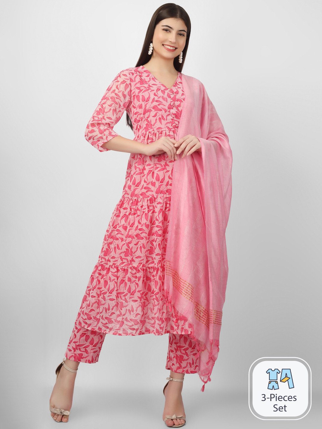 

CELEBRAVO Floral Printed Georgette A Line Kurta With Trousers & Dupatta, Pink