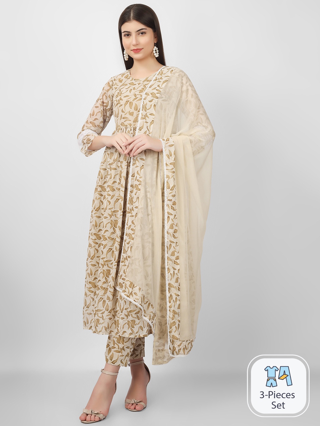 

CELEBRAVO Floral Printed Georgette Anarkali Kurta With Trousers & Dupatta, Beige