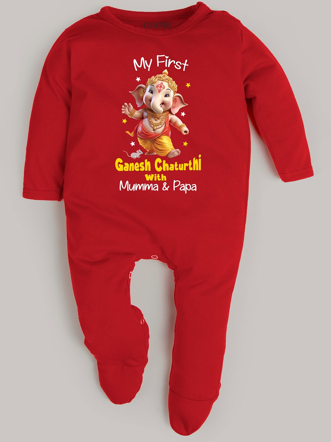 

FFLIRTYGO Kids Ganesh Chaturthi Printed Pure Cotton Rompers, Red