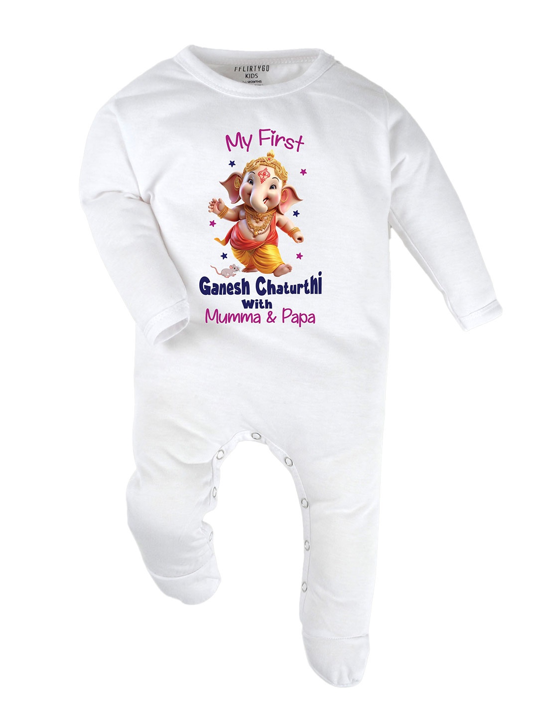 

FFLIRTYGO Infants Pure Cotton My First Ganesh Chaturthi Sleepsuit, White