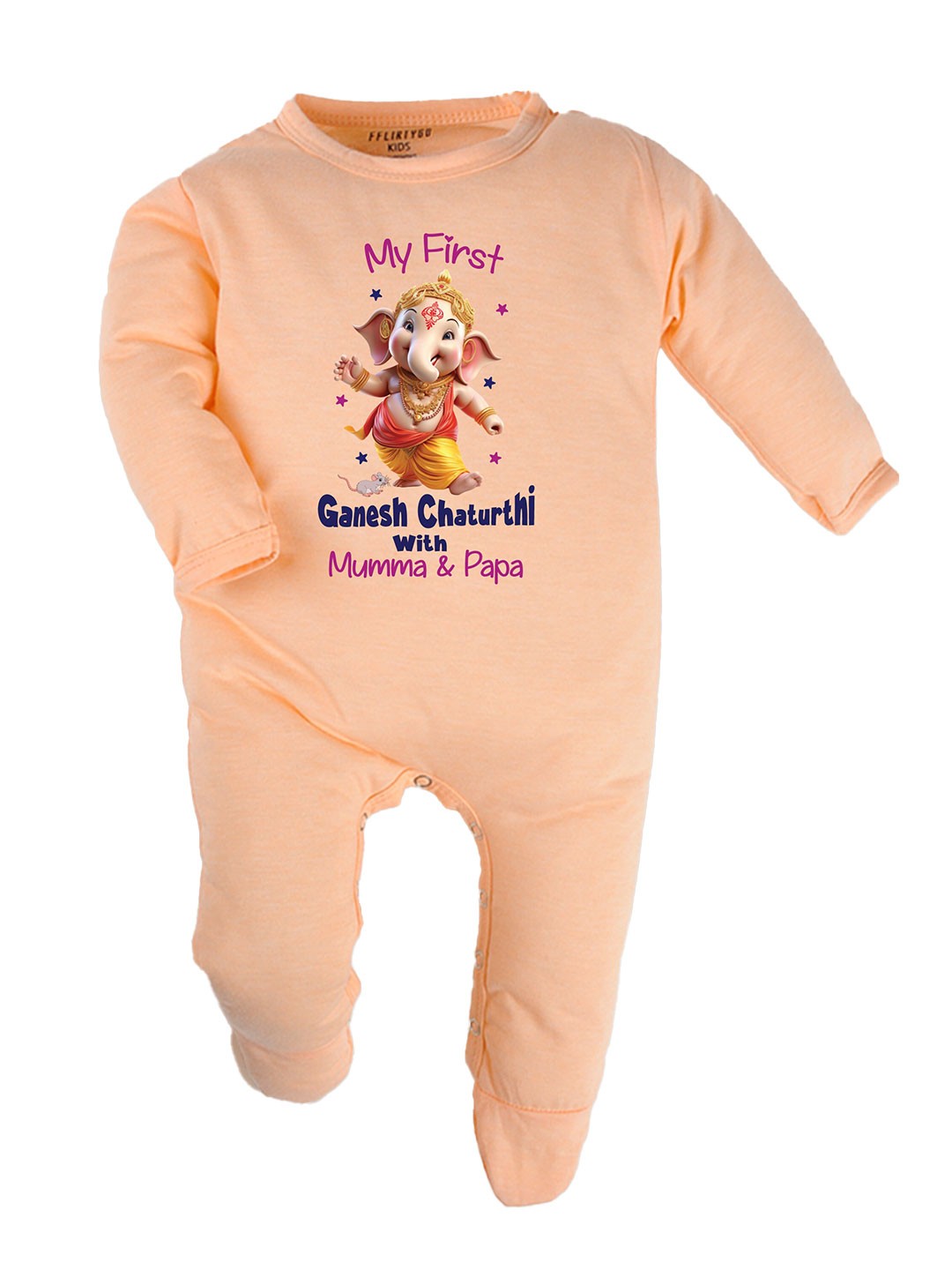 

FFLIRTYGO Kids Ganesh Chaturthi Printed Pure Cotton Rompers, Peach