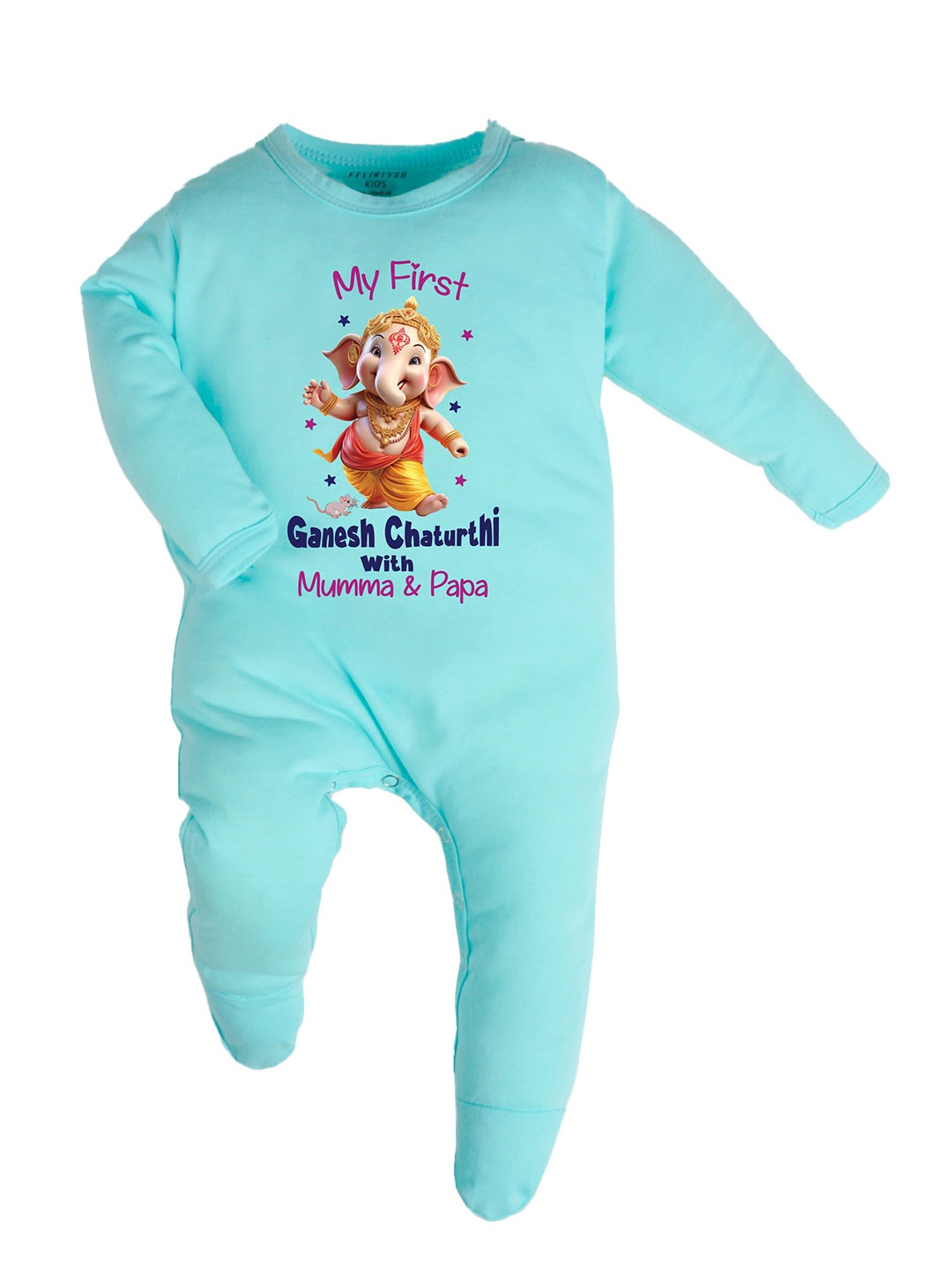 

FFLIRTYGO Infants Ganesha Printed Cotton Sleepsuit, Turquoise blue