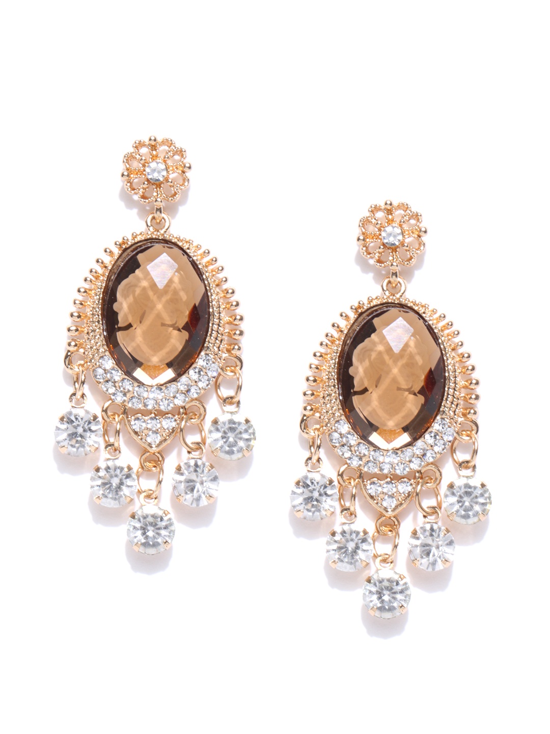 

Crunchy Fashion Gold-Toned & Brown Stone-Studded Classic Drop Earrings