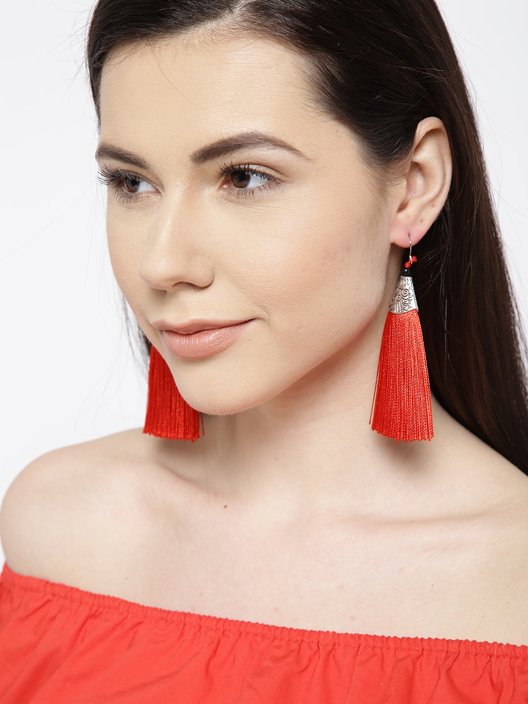 

Crunchy Fashion Silver-Toned & Red Tasseled Contemporary Drop Earrings
