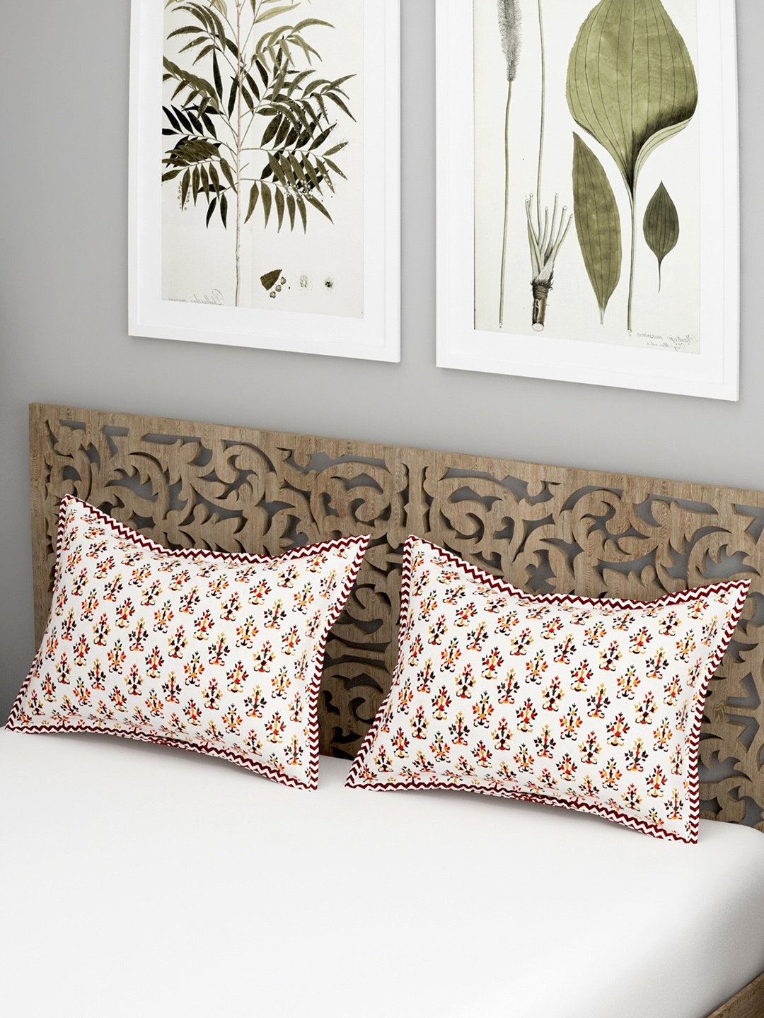 

Salona Bichona Jaipuri White 2 Pieces Printed 120 TC Pure Cotton Pillow Covers