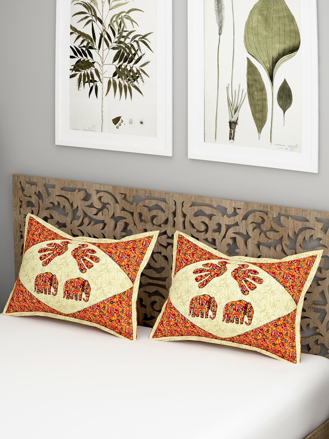 

Salona Bichona Jaipuri Orange 2-Pcs Printed 120 TC Pure Cotton Pillow Covers