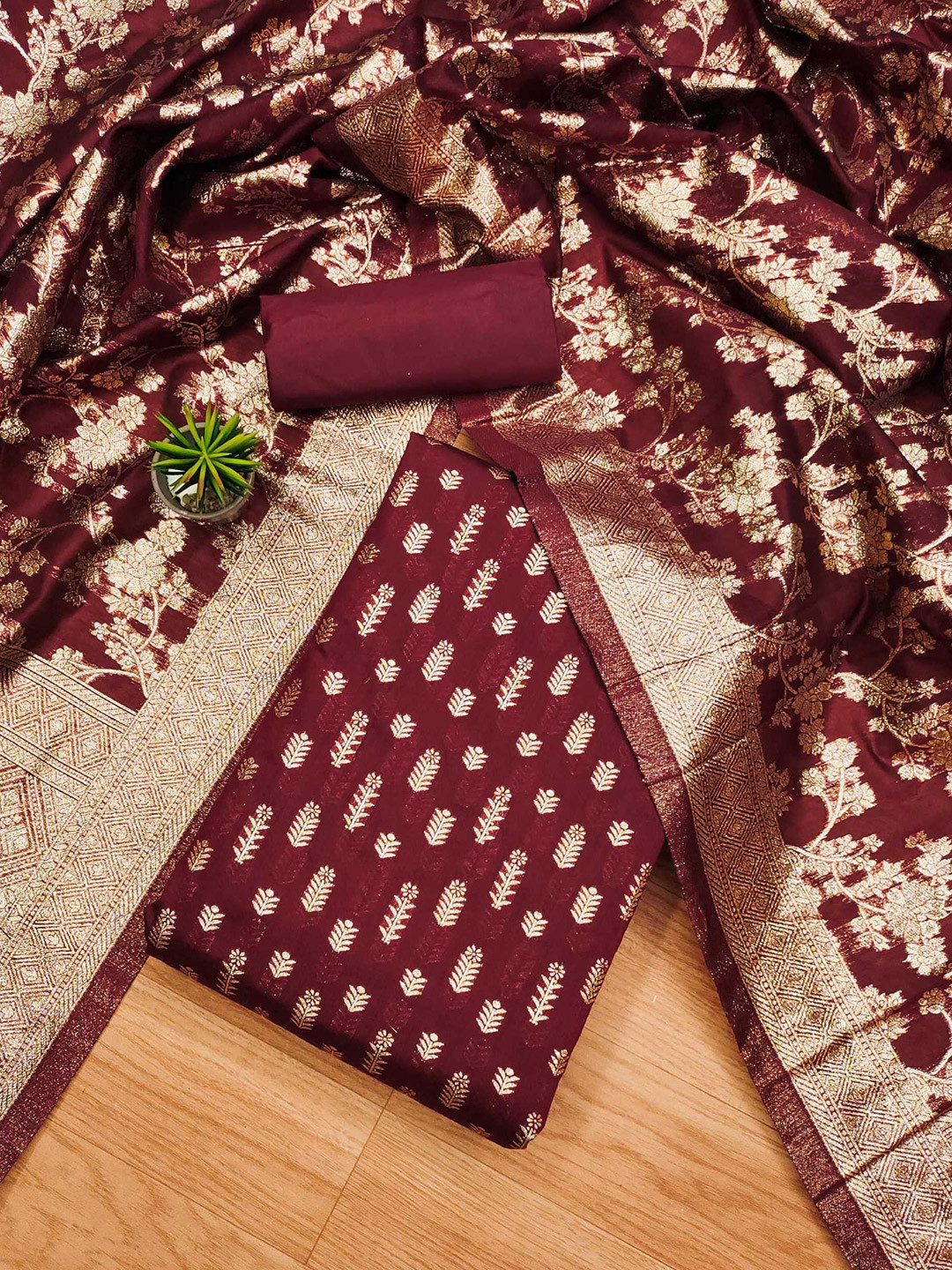 

KALINI Floral Woven Design Unstitched Dress Material, Maroon
