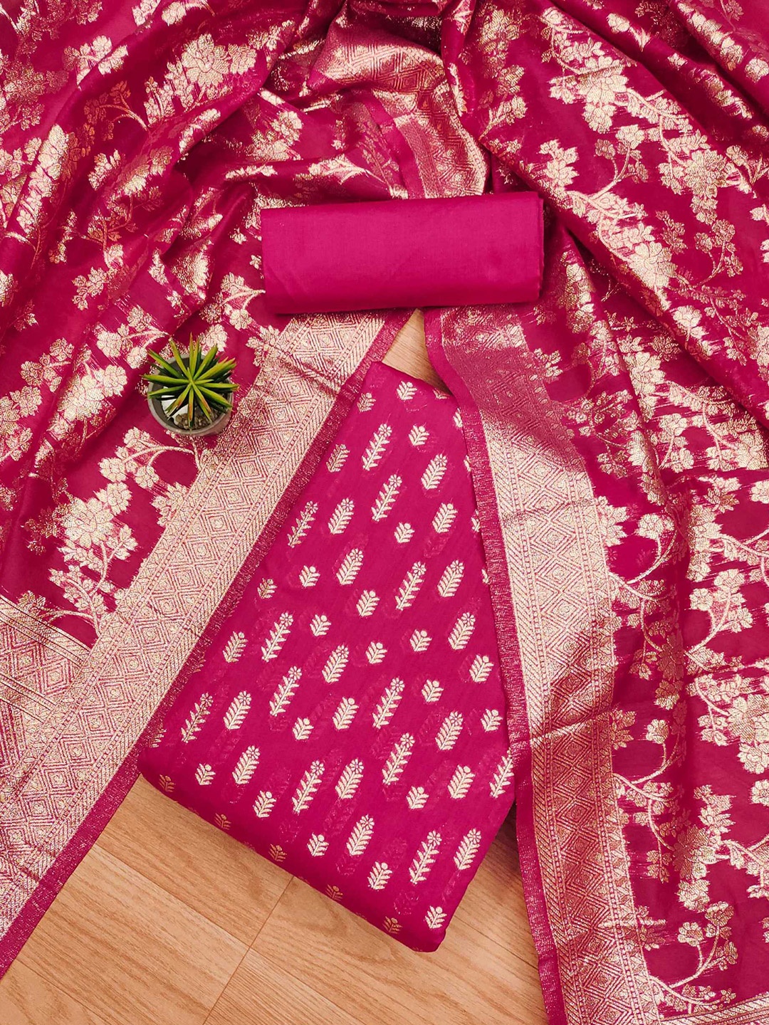 

KALINI Ethnic Motifs Woven Design Unstitched Dress Material, Pink