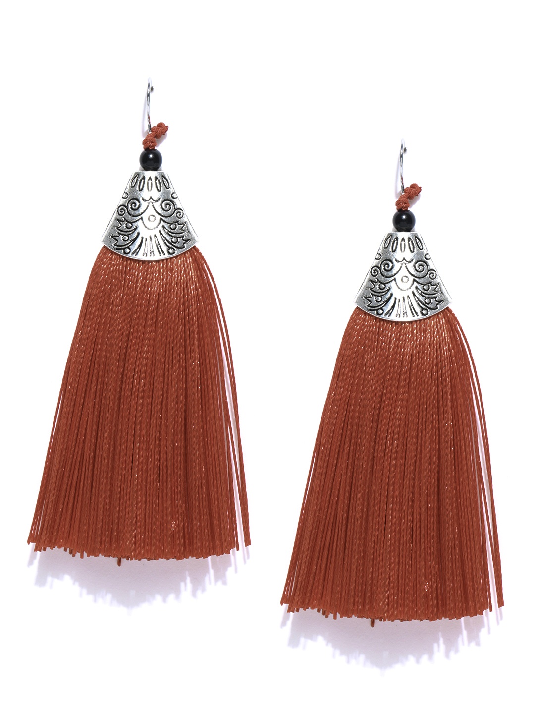

Crunchy Fashion Silver-Toned & Brown Tasseled Contemporary Drop Earrings