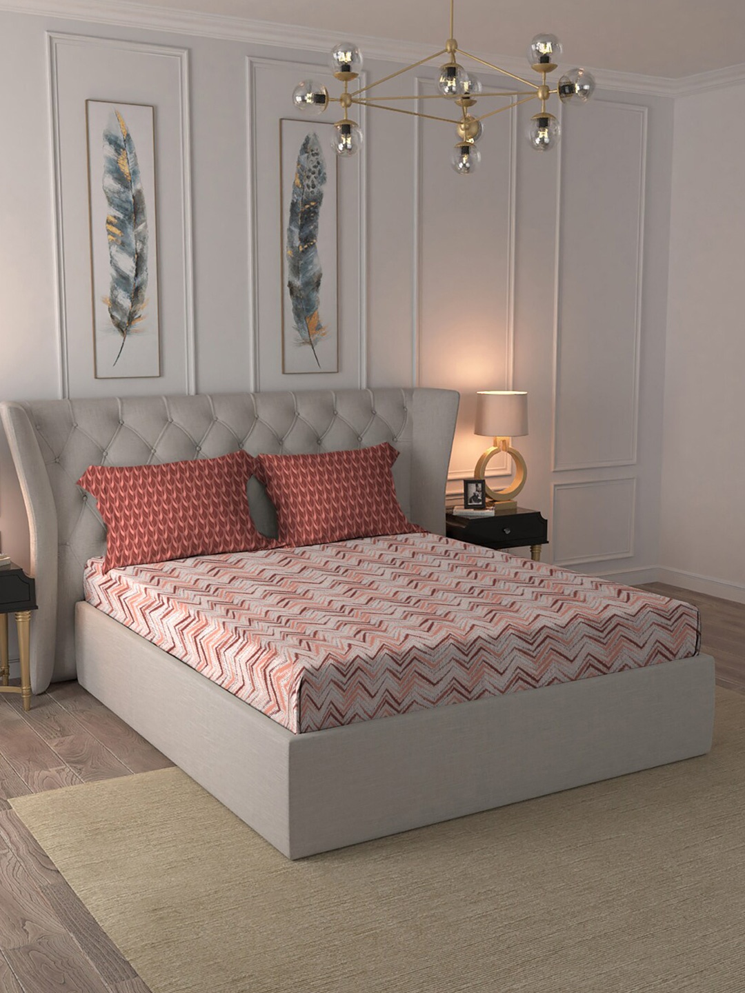 

MYTRIDENT Peach Maroon Geometric Pure Cotton 144 TC Queen Bedsheet Pillow Covers