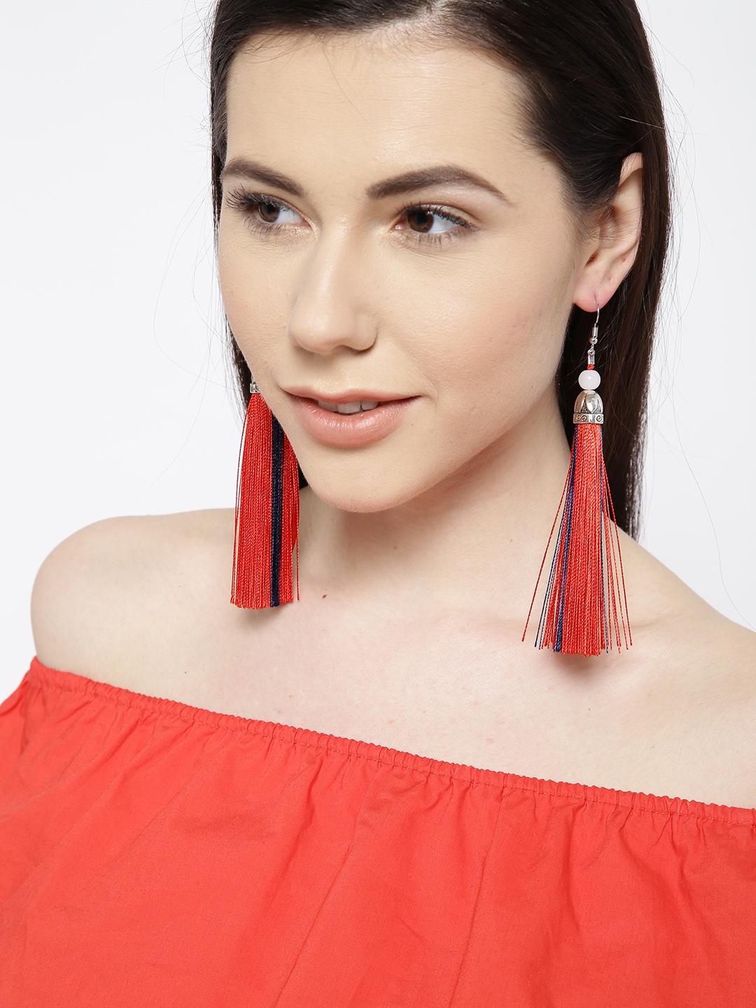 

Crunchy Fashion Silver-Toned & Red Tasseled Contemporary Drop Earrings