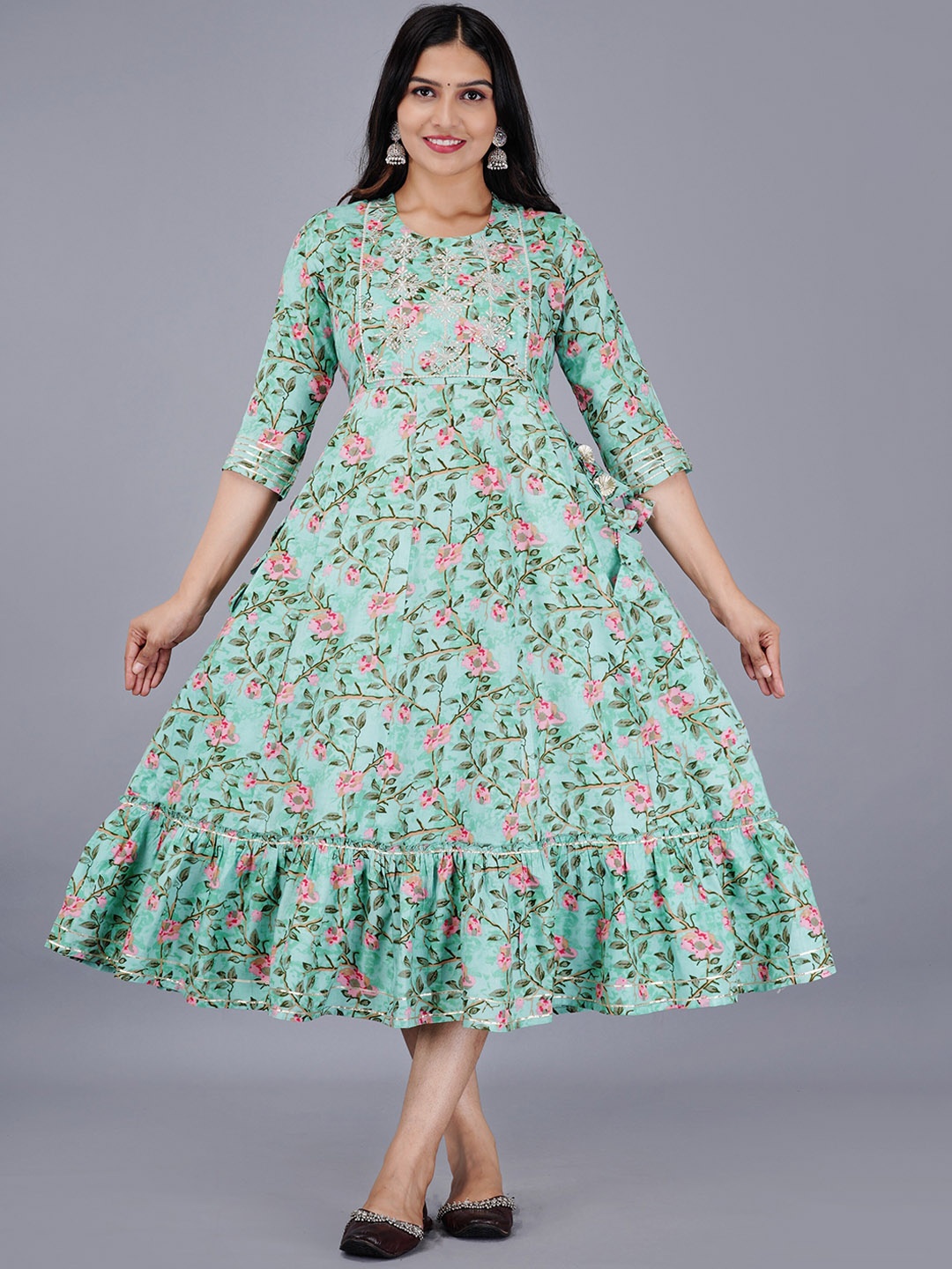 

AAYUMI Floral Printed Embroidered fit and Flare Ethnic Dress, Turquoise blue
