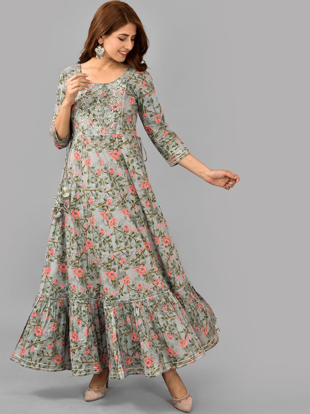 

AAYUMI Floral Printed Sequinned Tie Up Maxi Ethnic Dresses, Grey