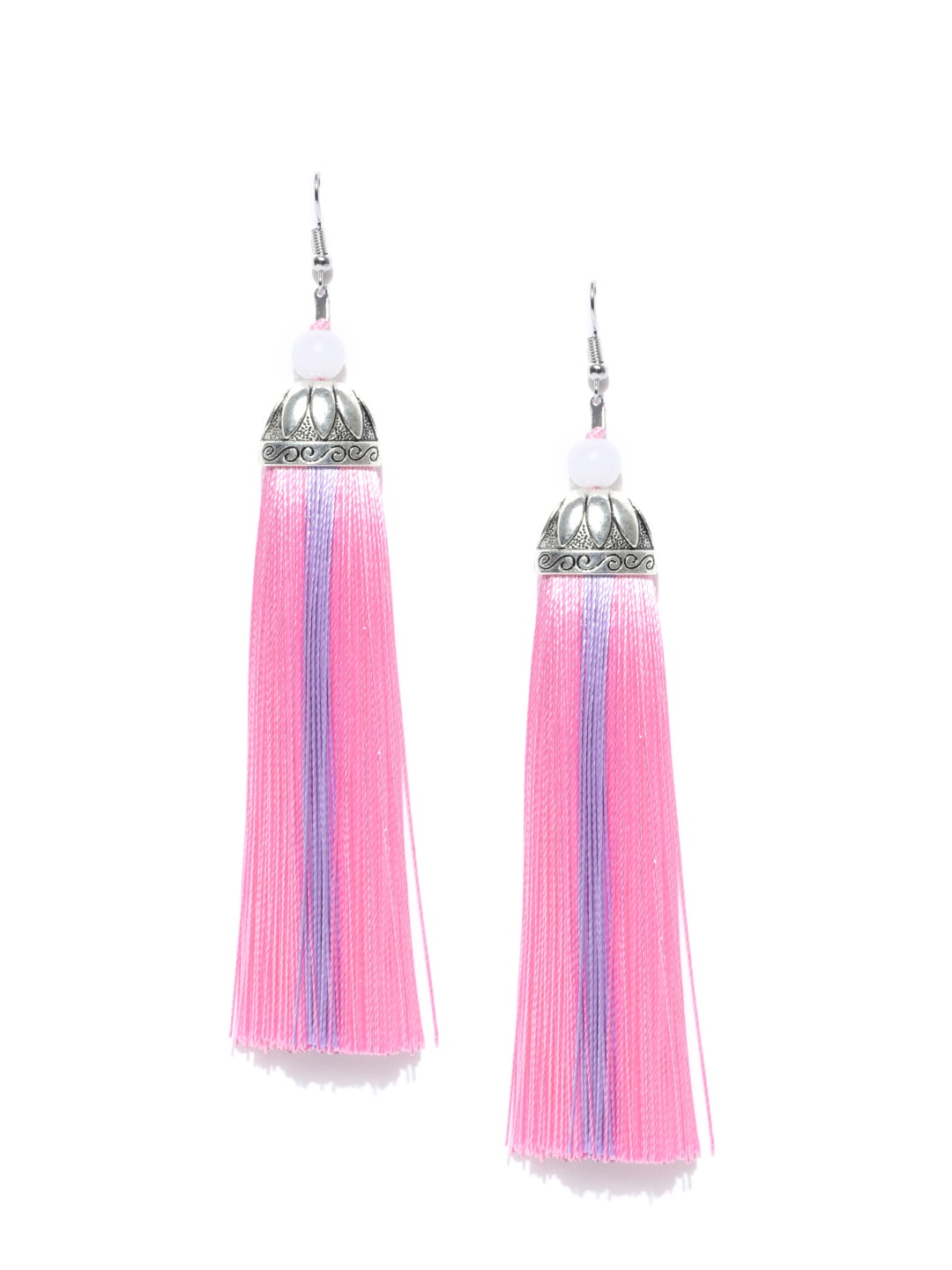 

Crunchy Fashion Silver-Toned & Pink Beaded Contemporary Tasselled Earrings