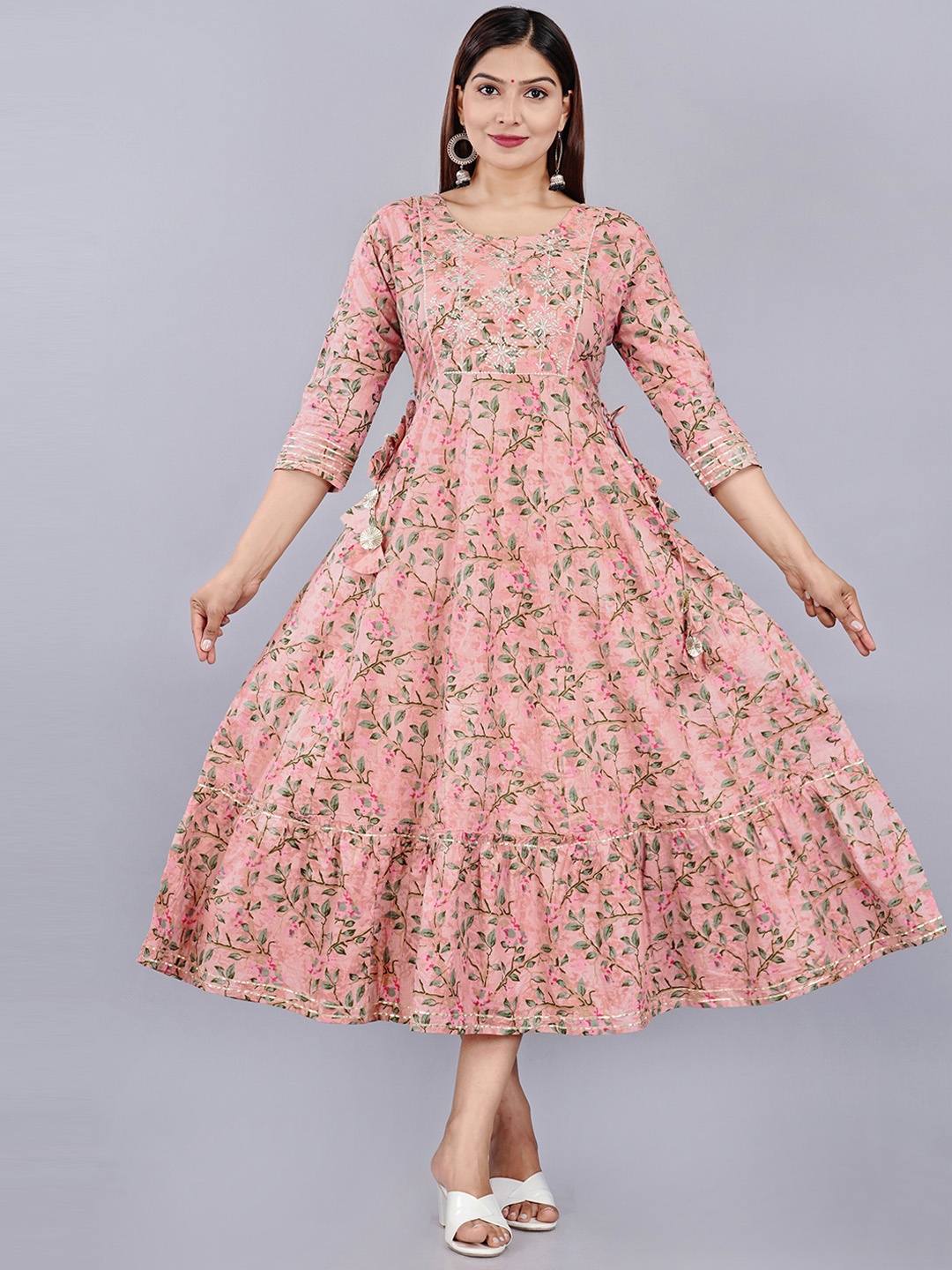 AAYUMI Floral Printed Fit & Flare Ethnic Dress, Pink