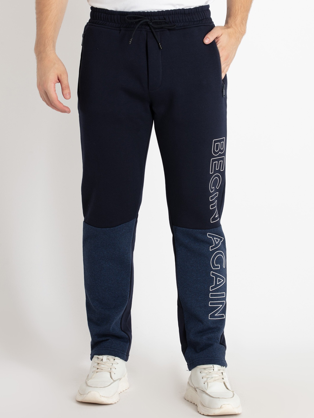 

Status Quo Mens Cut & Sew Typography Printed Flared-Fit Track Pants, Navy blue