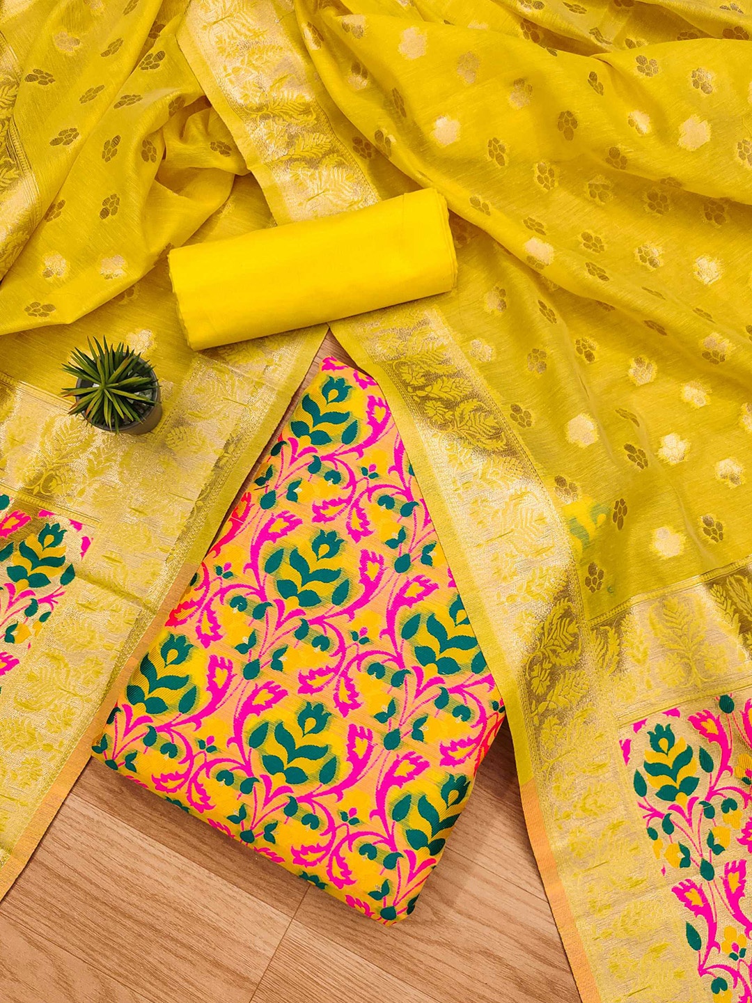 

KALINI Floral Woven Design Unstitched Dress Material, Yellow