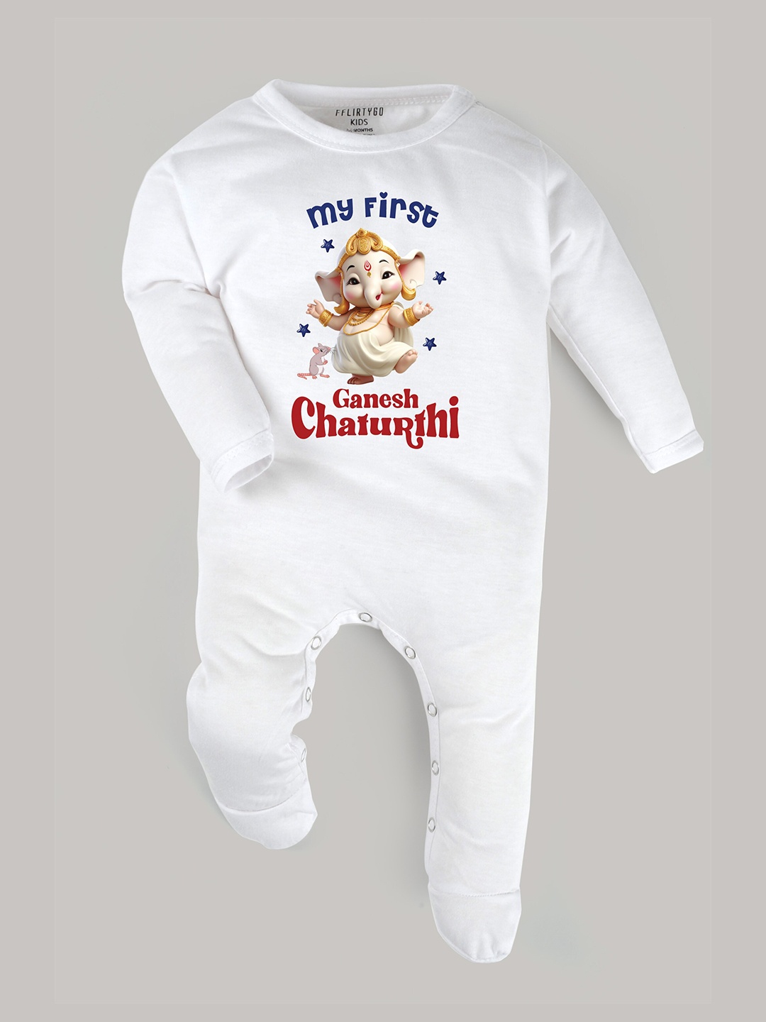 

FFLIRTYGO Infant Ganesh Chaturthi Printed Pure Cotton Sleepsuit, White