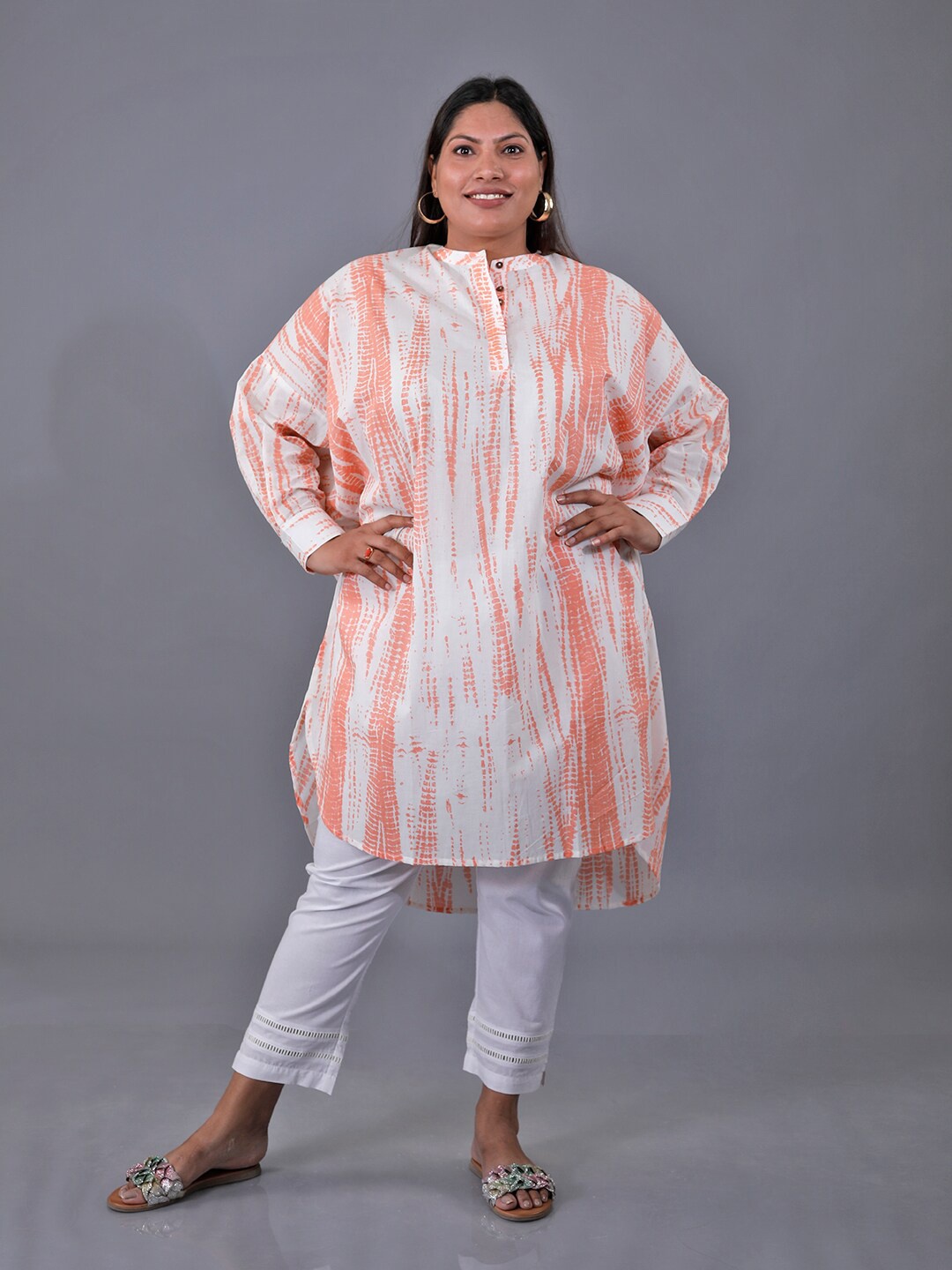 

Fabnest Curve Plus Size Tie And Dye Mandarin Collar Cotton Tunic, Orange