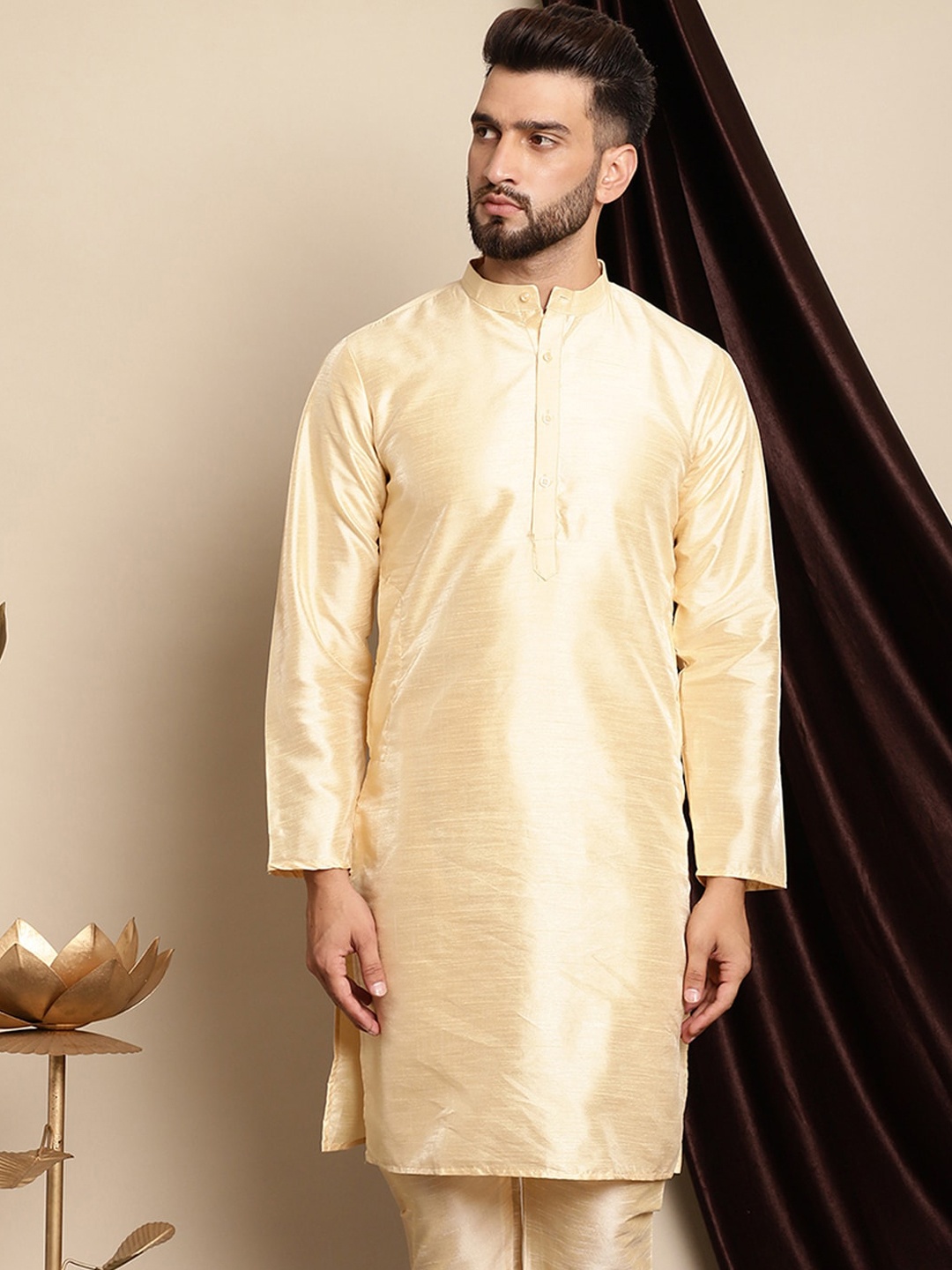 

Anouk Band Collar Dupion Silk Straight Silk Cotton Regular Kurta, Beige