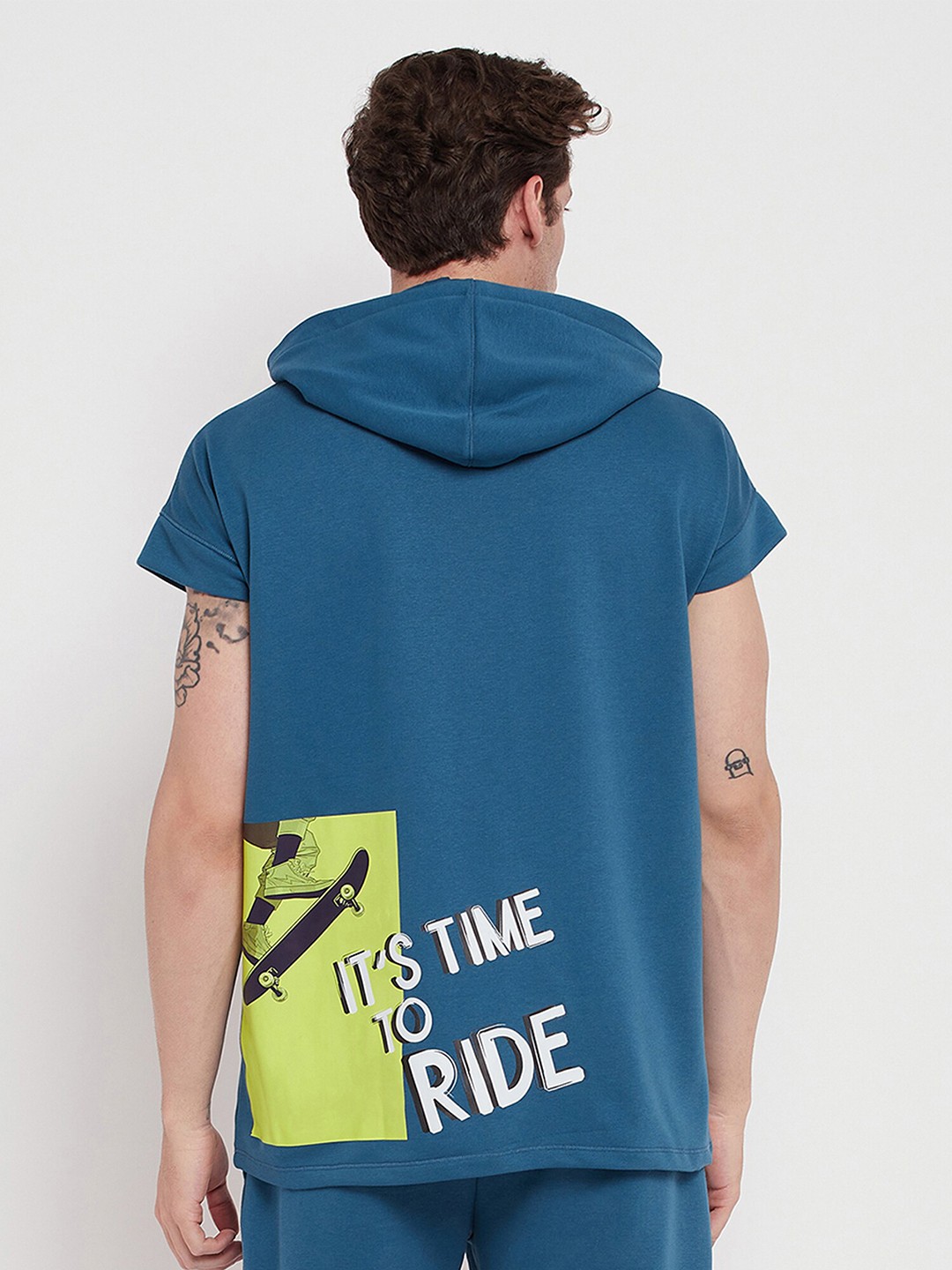 

EDRIO Typography Printed Hooded Cotton Oversized T-shirt, Blue