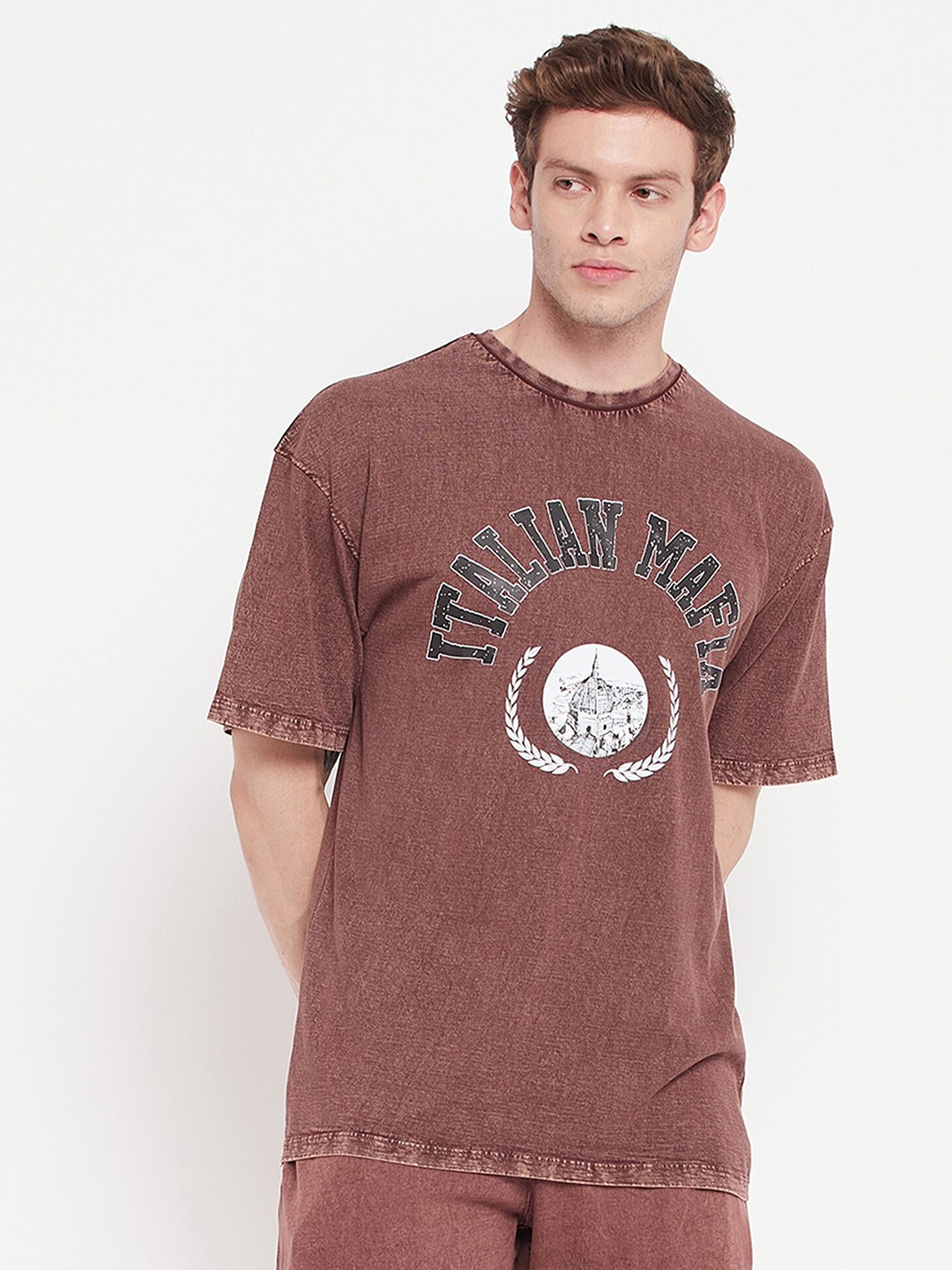 

EDRIO Typography Printed Cotton Oversized T-shirt, Brown