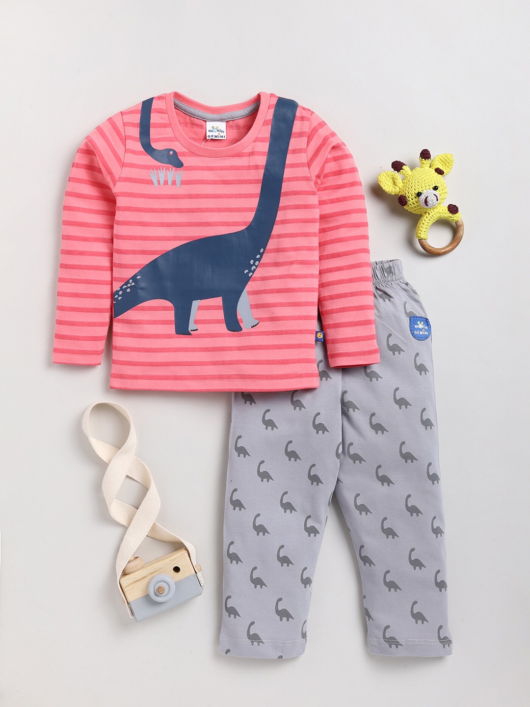

Toonyport Kids Striped Printed Pure Cotton T-shirt With Trousers, Pink