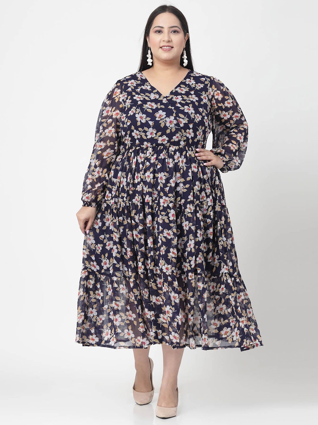 

plusS Plus Size Floral Print V-Neck Fit & Flare Midi Dress, Blue