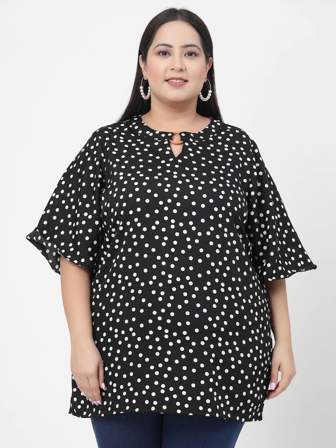 

plusS Polka Dot Printed Flared Sleeves Top, Black