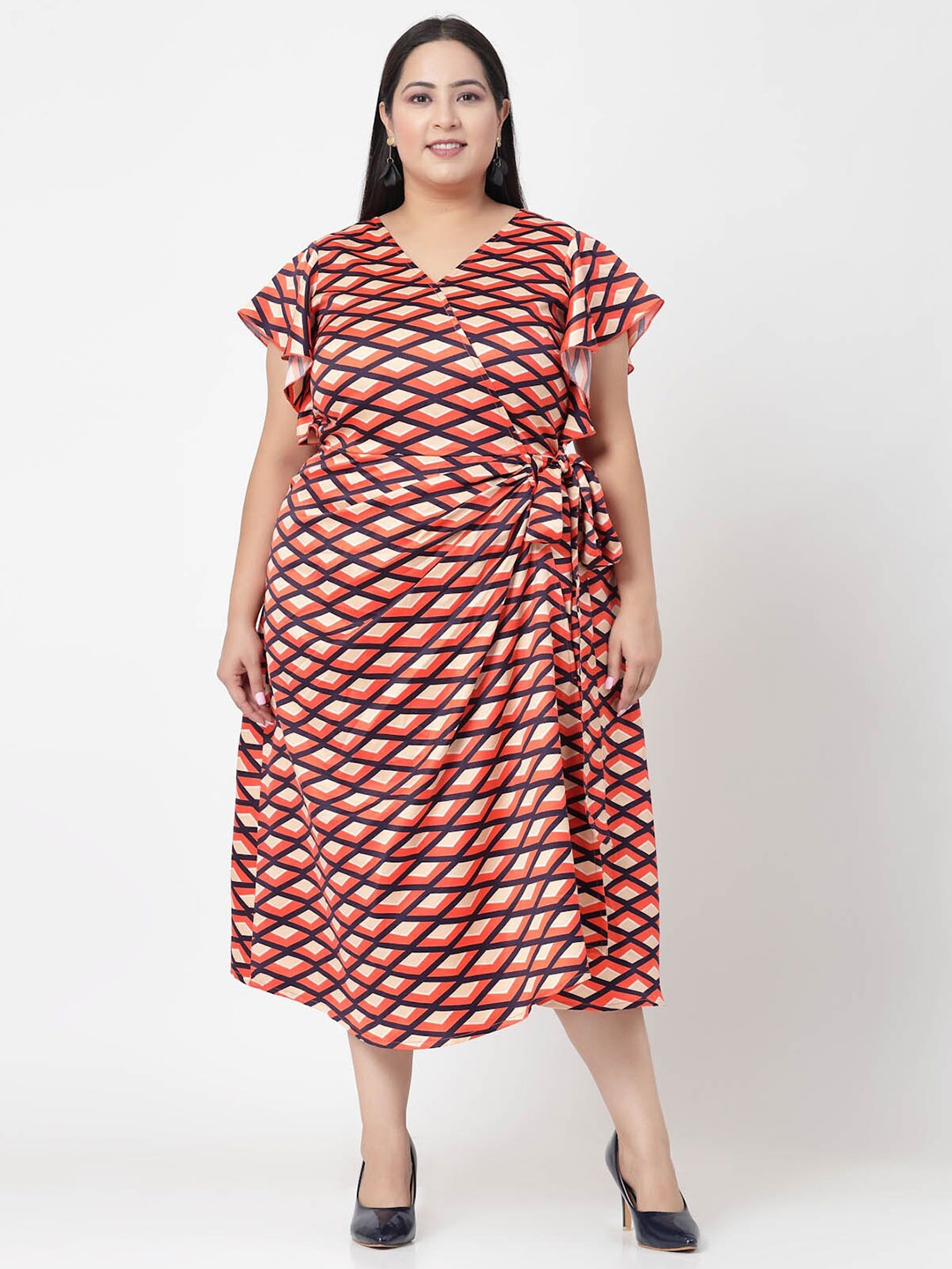 

plusS Plus Size Geometric Printed Wrap Midi Dress, Coral