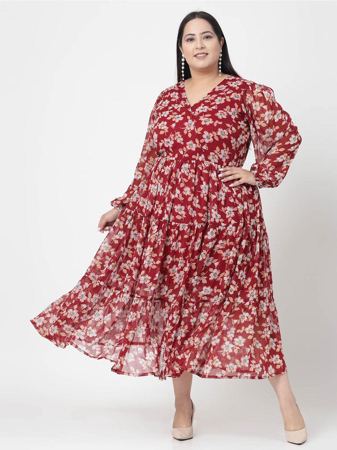 

plusS Plus Size Floral Printed Fit & Flare Midi Dress, Red