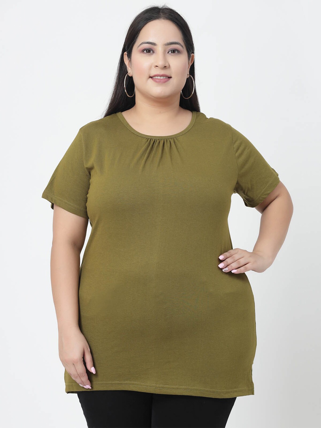 

plusS Round Neck Longline Cotton T-shirt, Olive