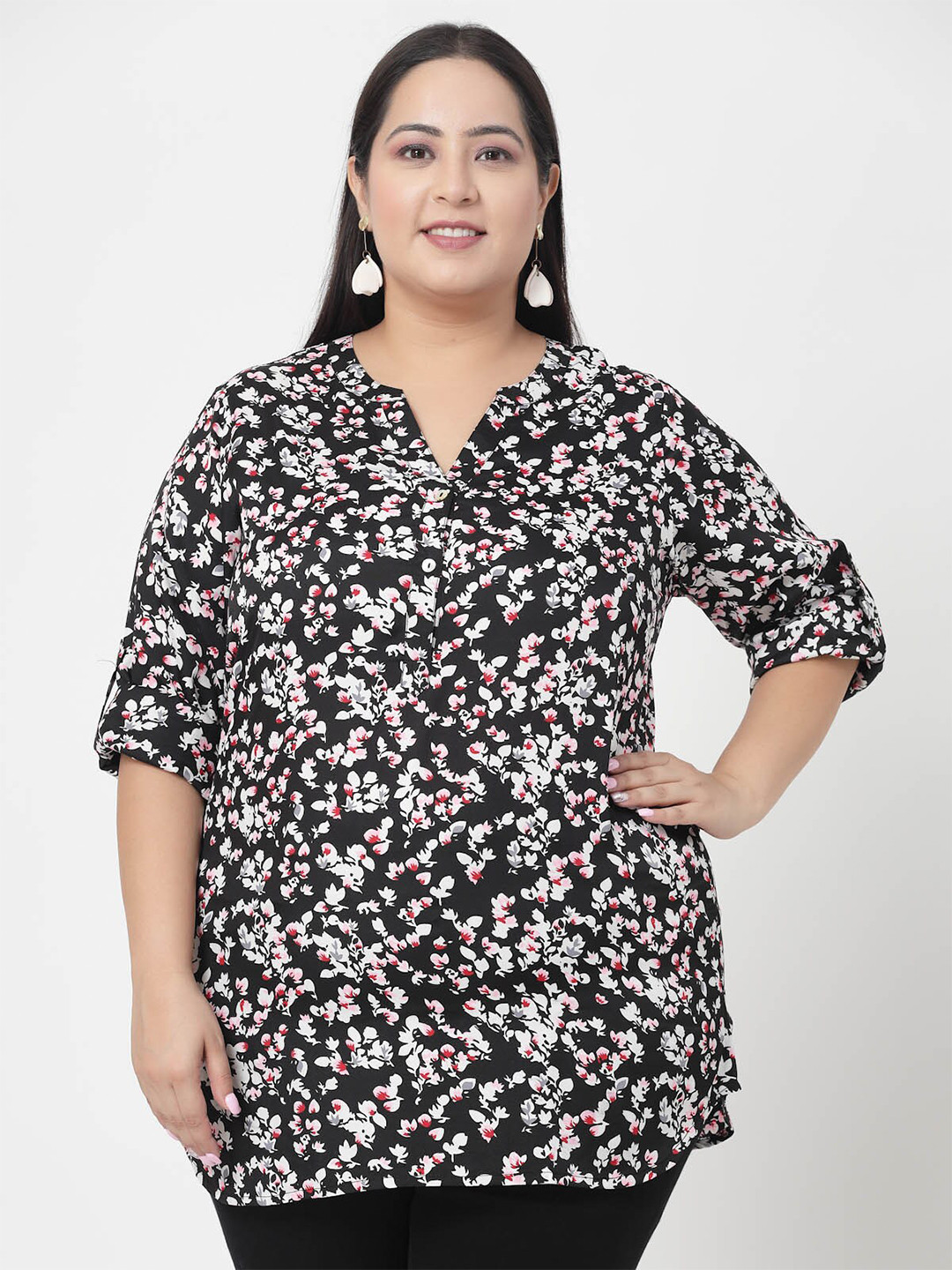 

plusS Floral Printed Casual Top, Black