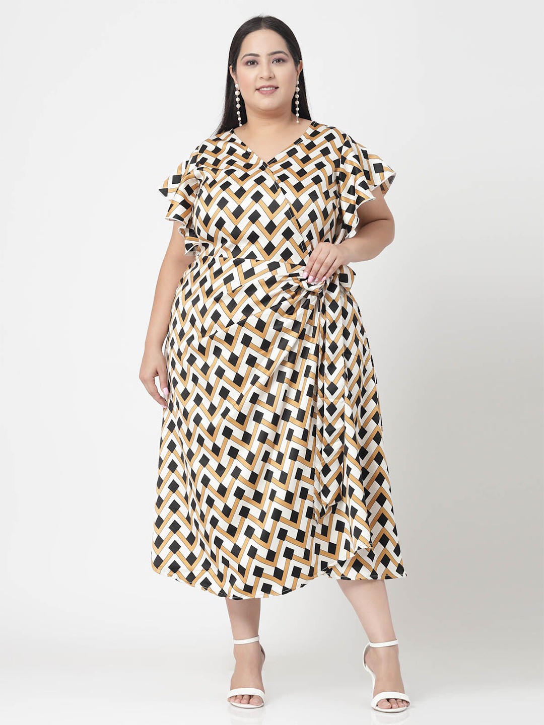 

plusS Plus Size Beige & Black Geometric Printed V-Neck Flutter Sleeve A-Line Dress