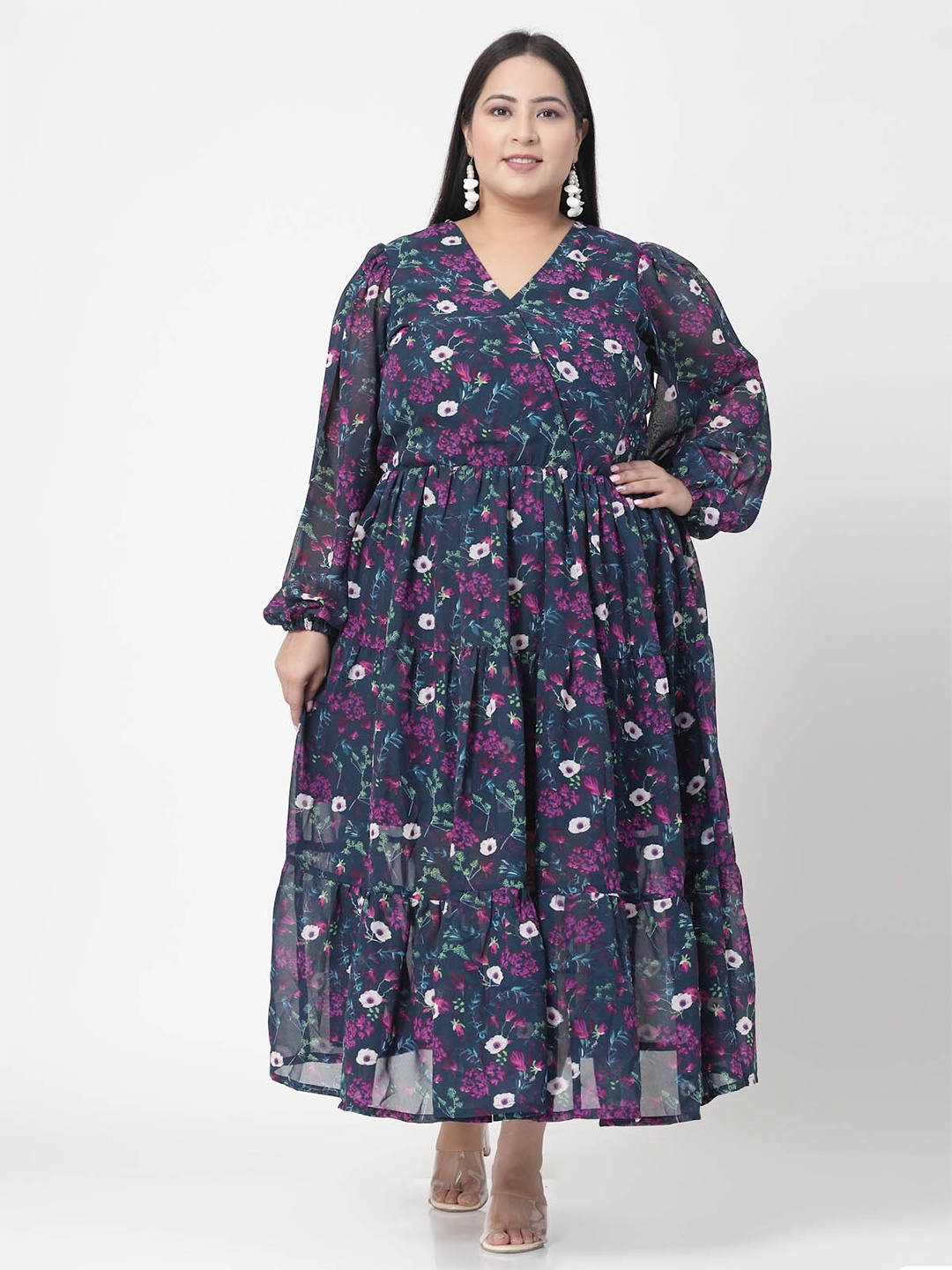 

plusS Plus Size Navy Blue, Pink & White Floral Printed Puff Sleeves Fit & Flare Maxi Dress