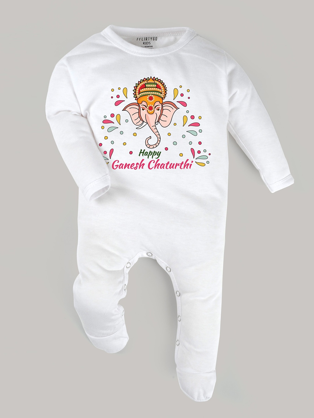 

FFLIRTYGO Infant Ganesh Chaturthi Printed Pure Cotton Special Sleepsuit, White