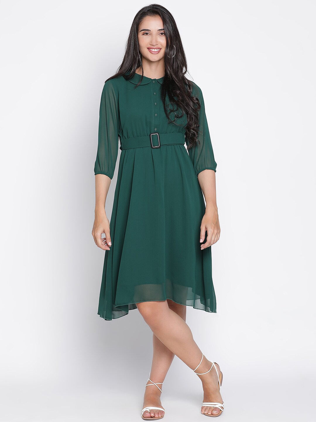 

DRAAX Fashions Peter Pan Collar Puff Sleeve Belted Fit & Flare Dress, Green