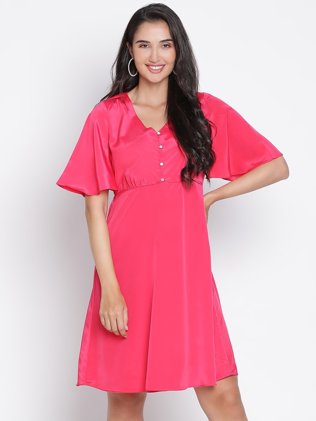 

DRAAX Fashions Flared Sleeves V-Neck A-Line Dress, Pink