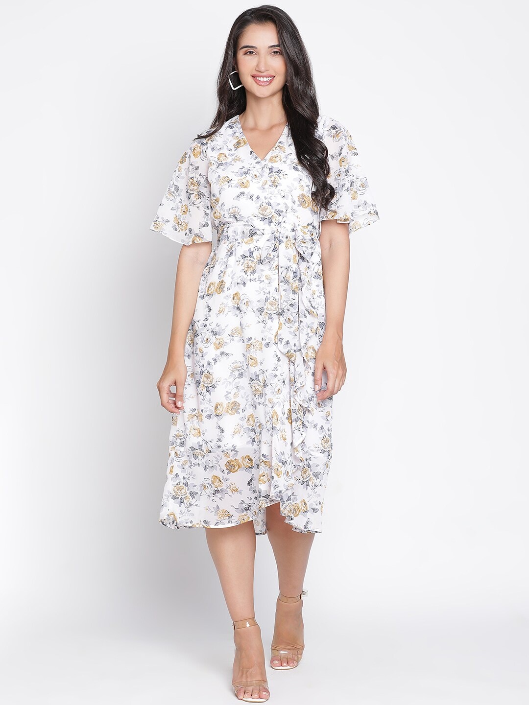 

DRAAX Fashions Floral Printed Tie-Ups Flared Sleeve Wrap Dress, White