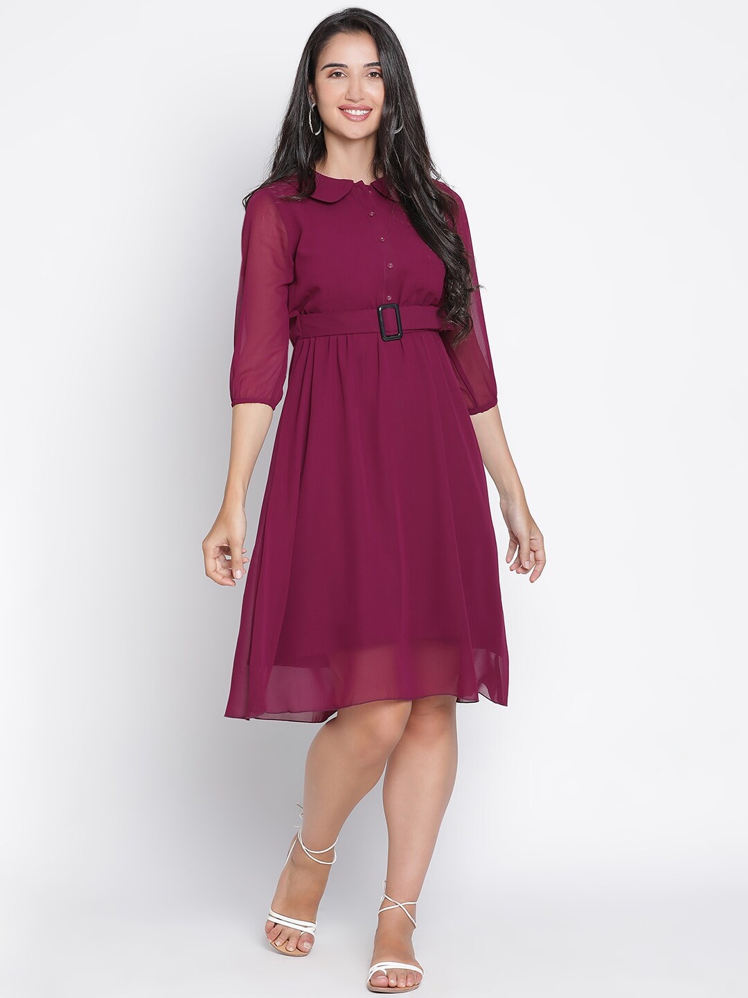 

DRAAX Fashions Peter Pan Collar Puff Sleeve Belted Fit & Flare Dress, Maroon