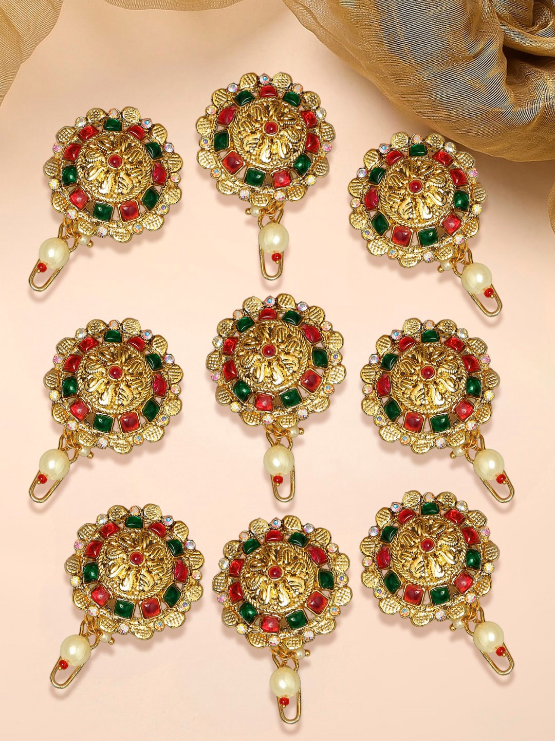

OOMPH Set Of 9 Stone-Studded & Beaded Hair Bun Pin, Gold