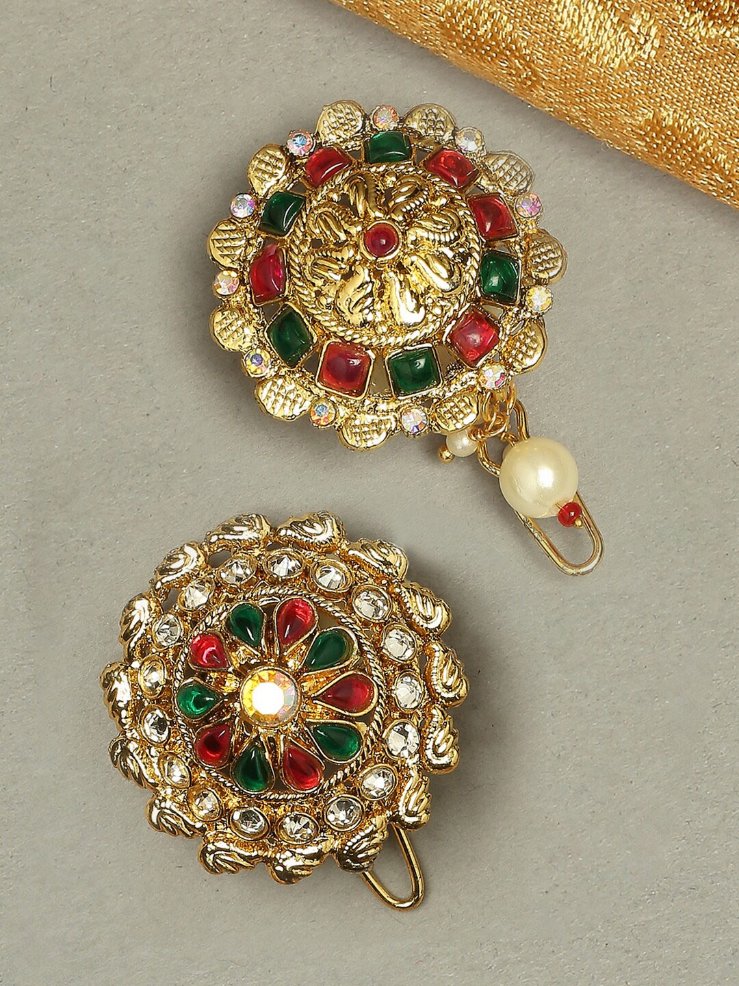 

OOMPH Set Of 2 Stone Studded & Beaded Bun Pin, Gold