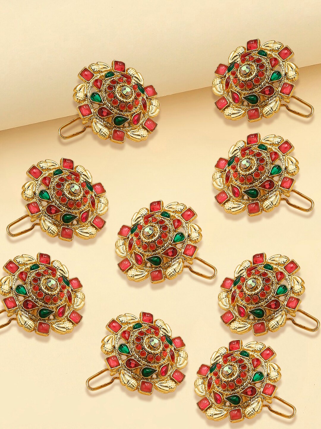 

OOMPH Set Of 9 Stones Studded Bun Pins, Gold